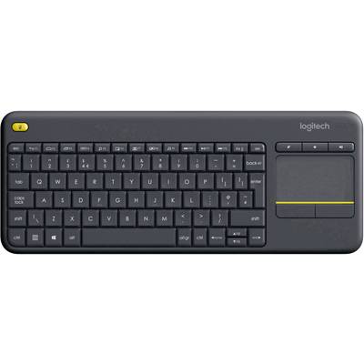 Schwarze kabellose Tastatur mit integriertem Touchpad, Hersteller-Logo oben rechts. Kompakte, flache Bauweise.