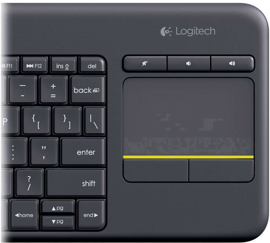 Tastatur mit integriertem Touchpad; Herstellerlogo sichtbar. Links sind Funktionstasten und Haupttasten, rechts das Touchpad.