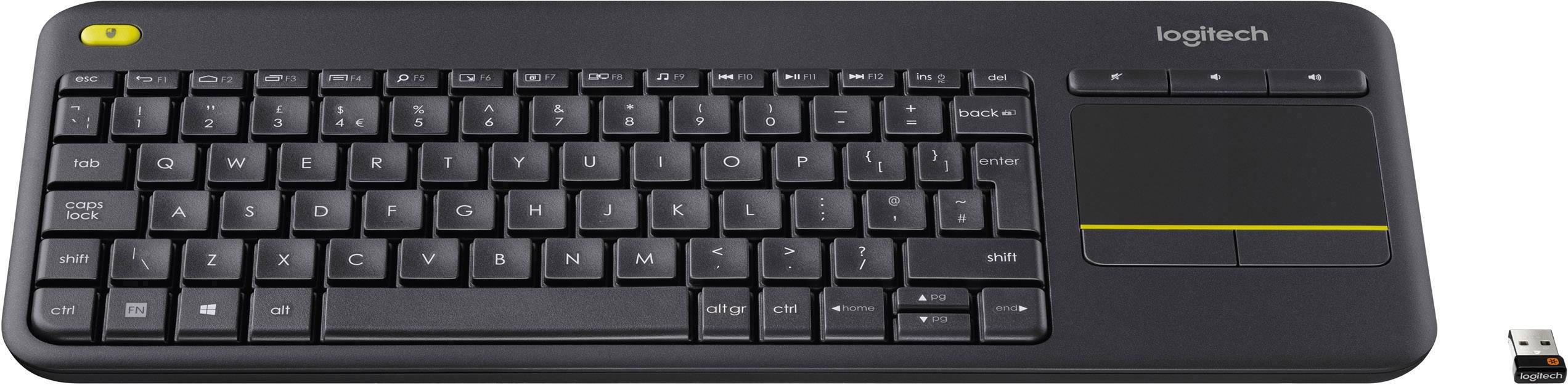Eine kabellose Tastatur mit integriertem Touchpad und USB-Empfänger, geeignet für die Steuerung von Computern und Smart-TVs.