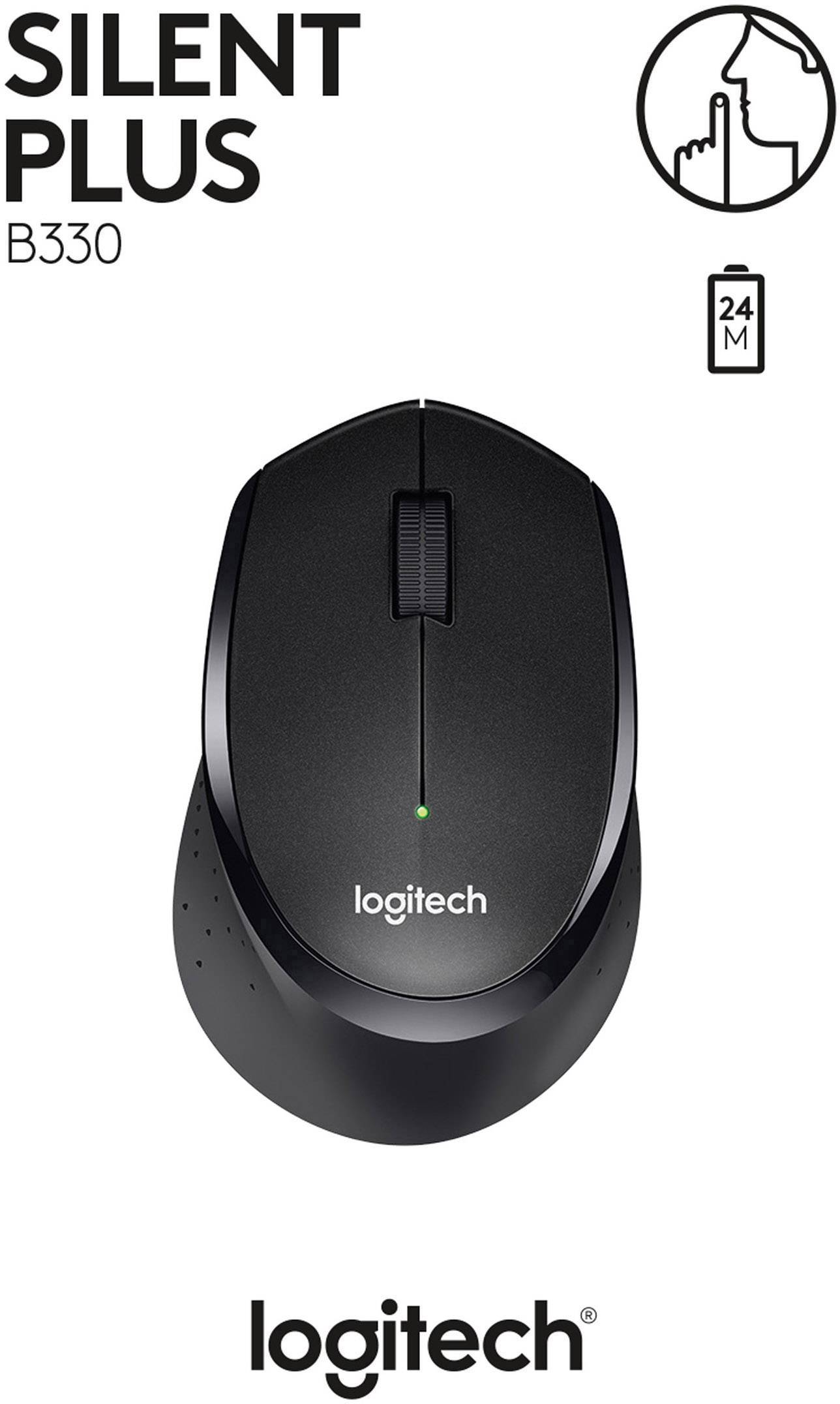 'Logitech Silent Plus B330' schwarze kabellose Maus mit leisem Klick. Batterieanzeige: 24 Monate Laufzeit.