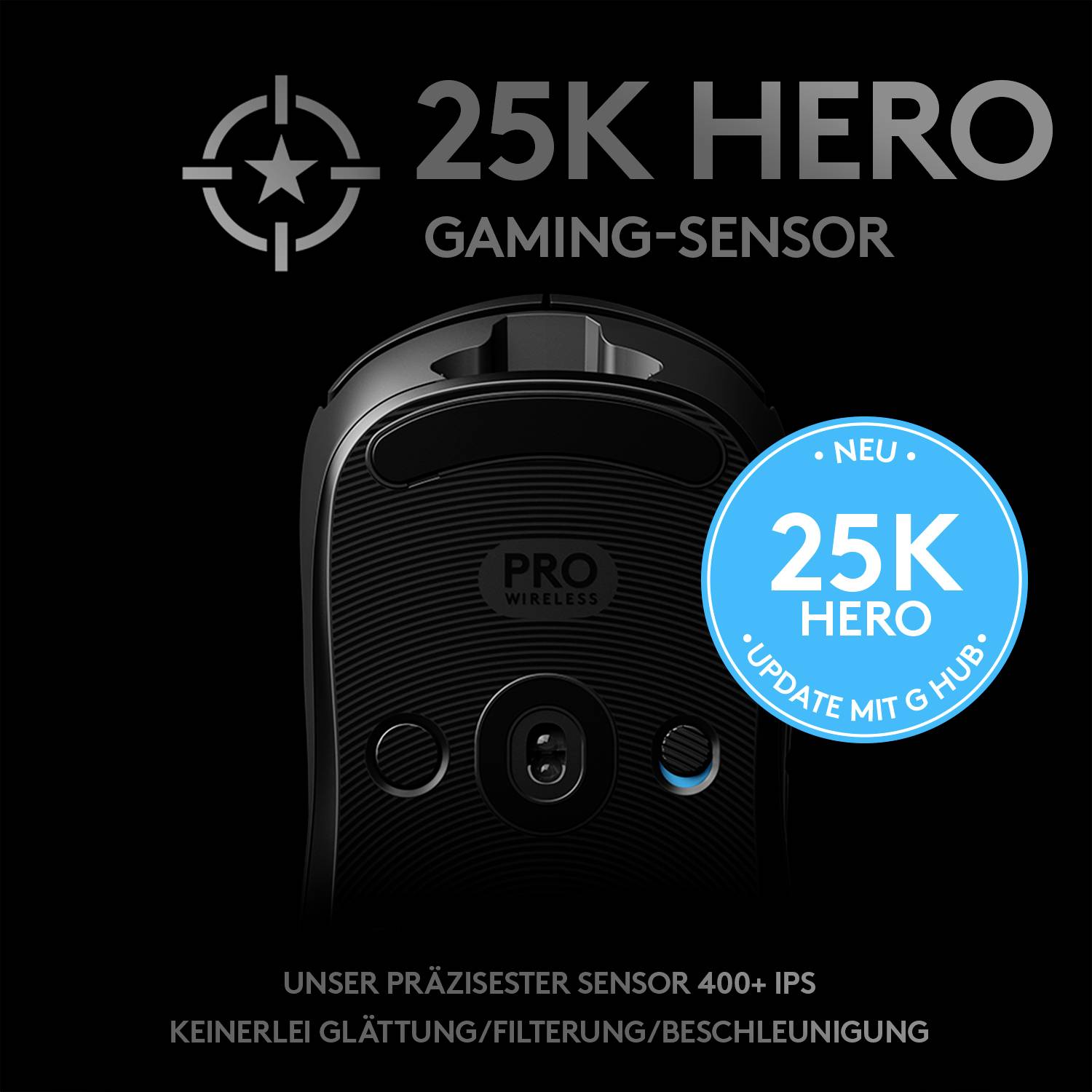 Eine Gaming-Maus mit dem Text '25K HERO Gaming-Sensor'. Hinweis auf neuen 25K HERO, Update mit G HUB. 'Pro Wireless' ist hervorgehoben.