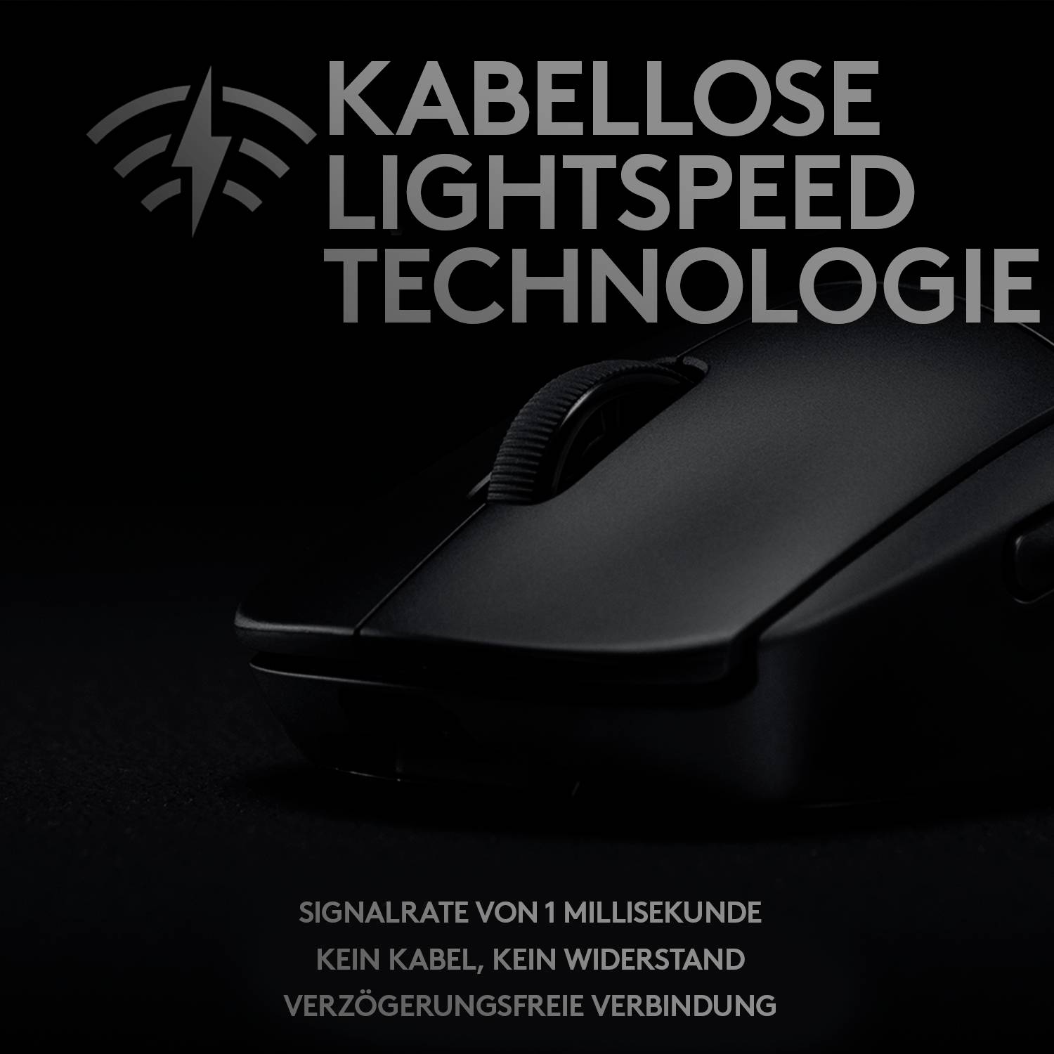 Schwarze Gaming-Maus mit der Aufschrift 'Kabellose Lightspeed Technologie', bewirbt schnelles, kabelloses Spielerlebnis ohne Verzögerung.