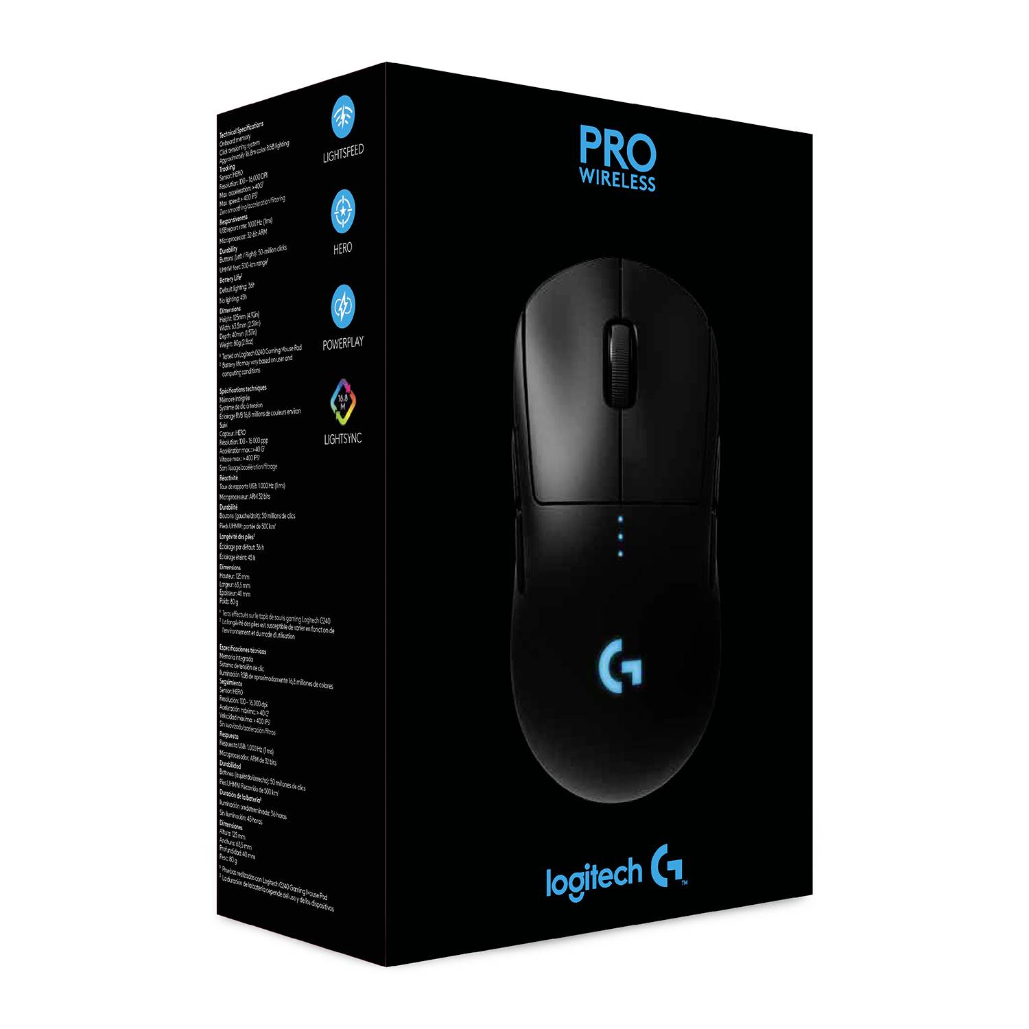 'Logitech Pro Wireless'-Verpackung mit Bild der Maus und technischen Spezifikationen auf der Seite. Schwarzer Hintergrund mit blauem Logo.