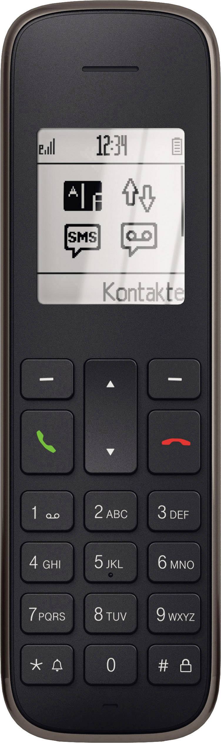Ein klassisches Mobiltelefon mit einem kleinen Bildschirm zeigt Symbole für Anrufe, SMS und Kontakte. Es hat Tasten für numerische Eingaben.