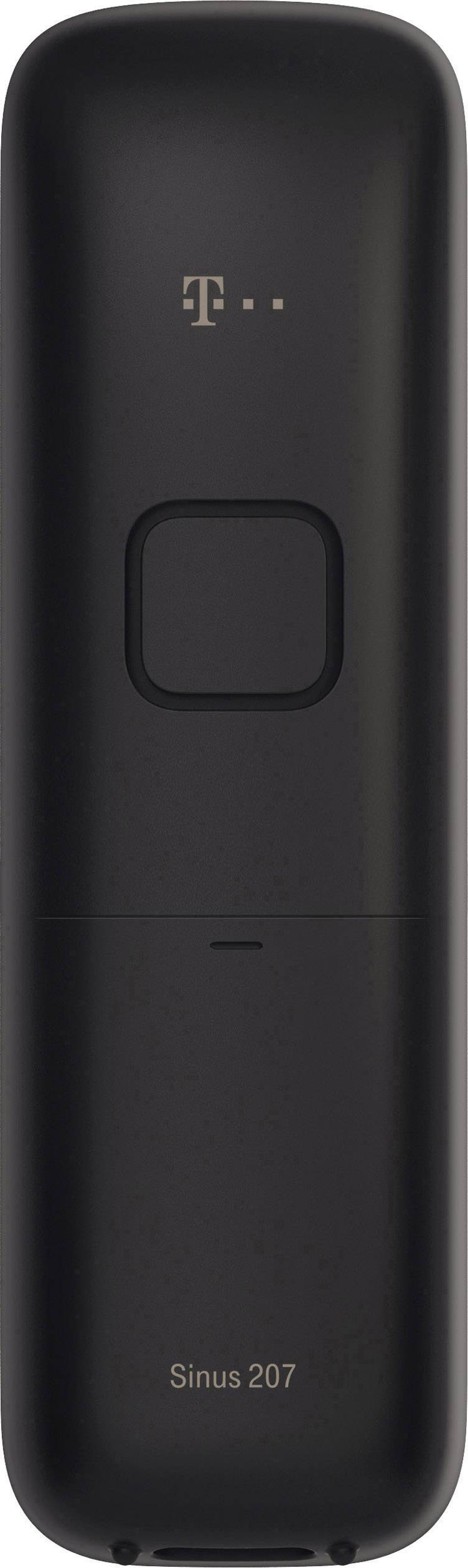 Schwarzes Festnetztelefon Sinus 207 von vorne, zentrales Display, oberhalb ein Telekom-Logo, kompakt und schlichtes Design.