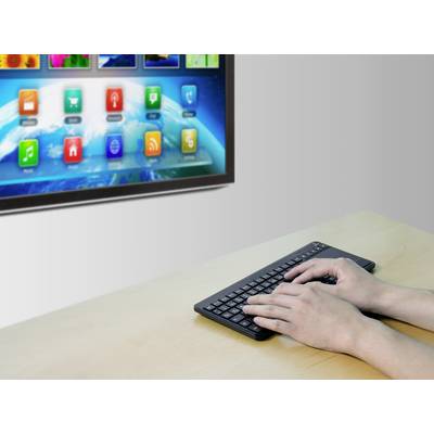 Eine Person tippt auf einer drahtlosen Tastatur mit einem Bildschirm im Hintergrund, der bunte, quadratische App-Symbole zeigt.