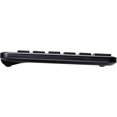 Schwarze Computer-Tastatur im seitlichen Profil, zeigt die Erhöhung der Tasten von der Seite.