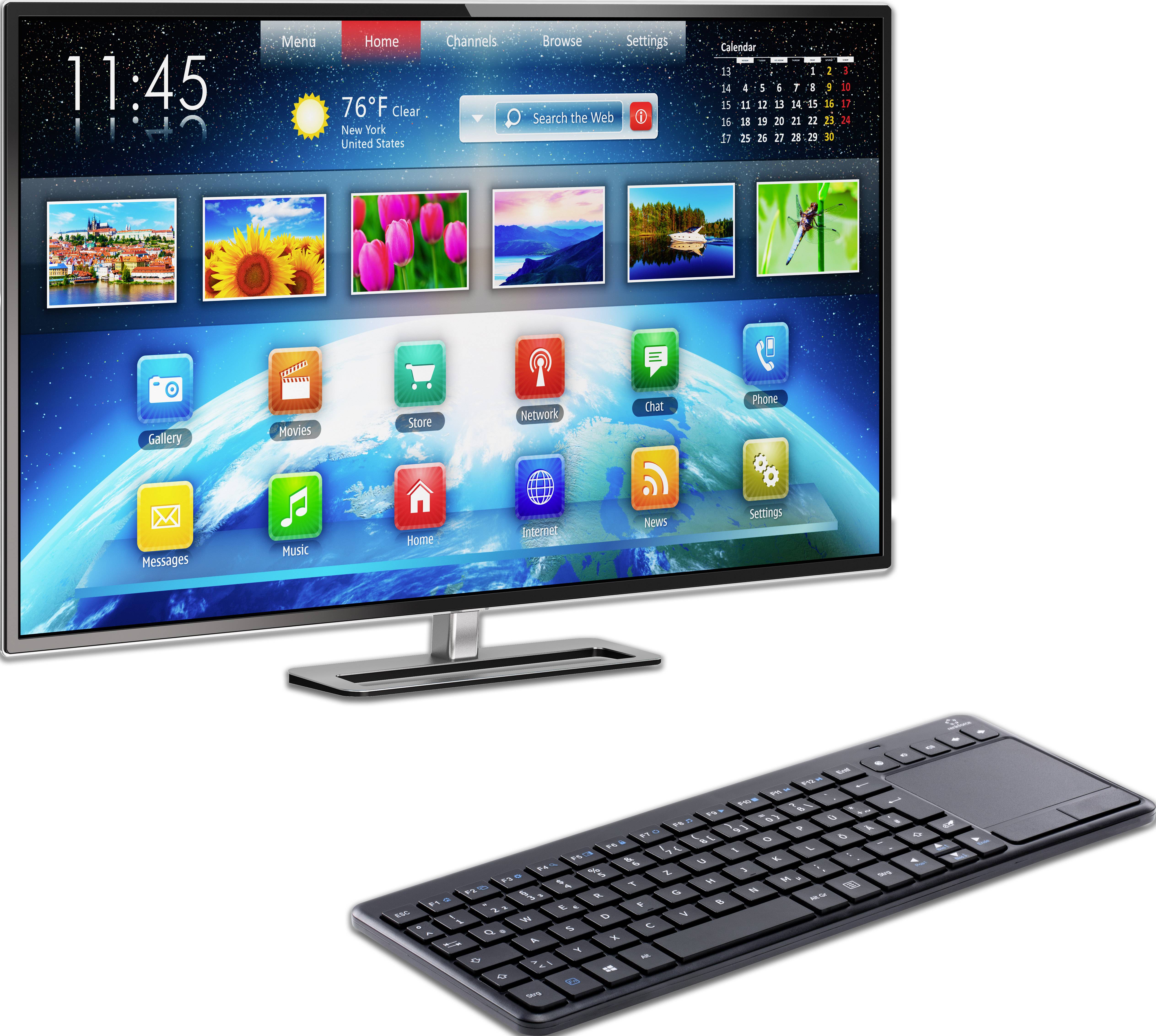 Ein Smart-Fernseher zeigt Apps und Wettervorhersage. Eine drahtlose Tastatur liegt davor. Bildschirm zeigt digitale Uhrzeit 11:45.