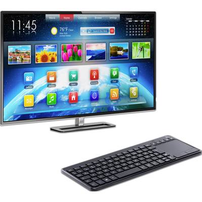 Ein Smart-Fernseher zeigt Apps und Wettervorhersage. Eine drahtlose Tastatur liegt davor. Bildschirm zeigt digitale Uhrzeit 11:45.