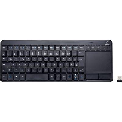 Kabellose schwarze Tastatur mit Touchpad auf der rechten Seite und USB-Empfänger daneben. Enthält Funktionstasten und Nummernblock.