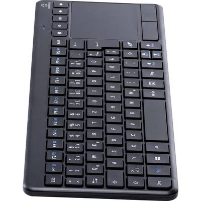 Eine drahtlose Tastatur im deutschen Layout, mit schwarzen Tasten und blauen Sekundärfunktionen, zeigt Sonderzeichen und Steuerungstasten.