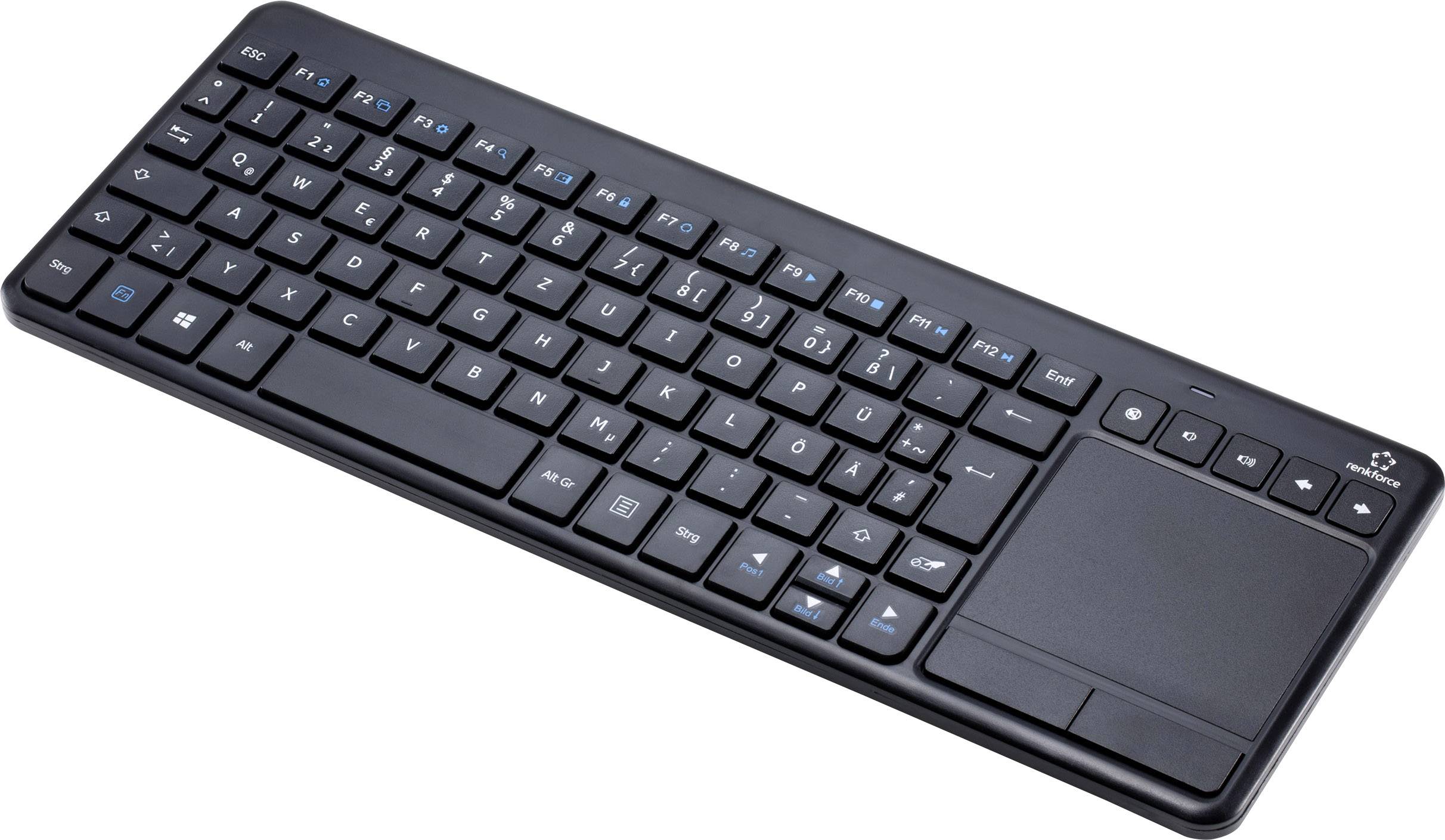 Eine schwarze drahtlose Tastatur mit integriertem Touchpad rechts, geeignet für Computer und Multimedia-Steuerung.