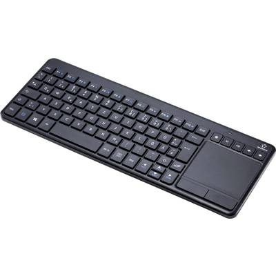 Eine schwarze drahtlose Tastatur mit integriertem Touchpad rechts, geeignet für Computer und Multimedia-Steuerung.