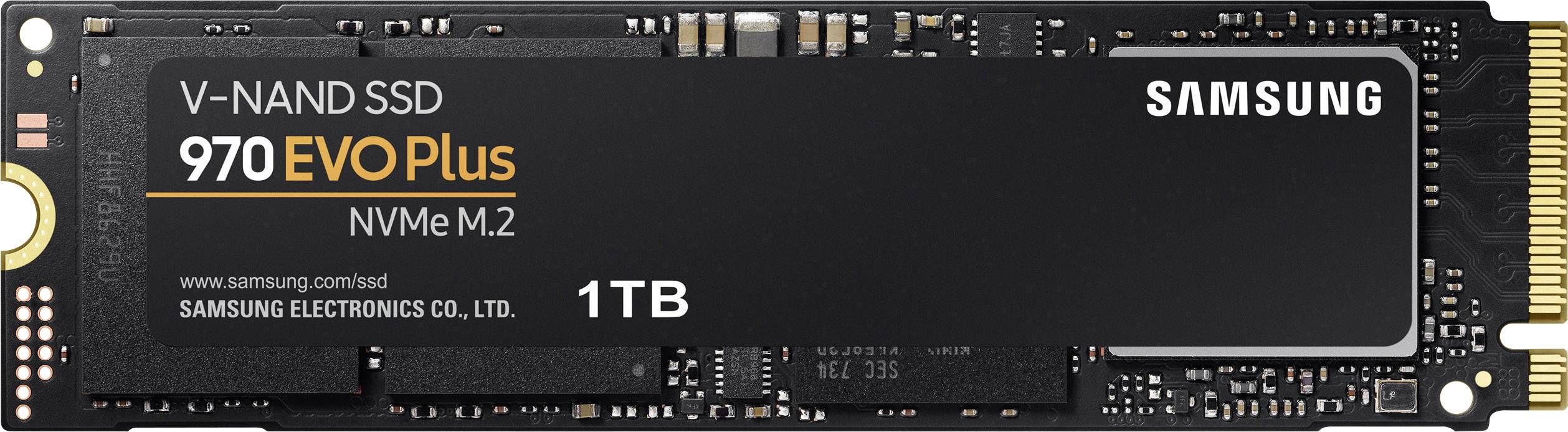 Eine schwarze Samsung 970 EVO Plus V-NAND SSD mit 1TB Kapazität, geeignet für NVMe M.2 Anschlüsse.