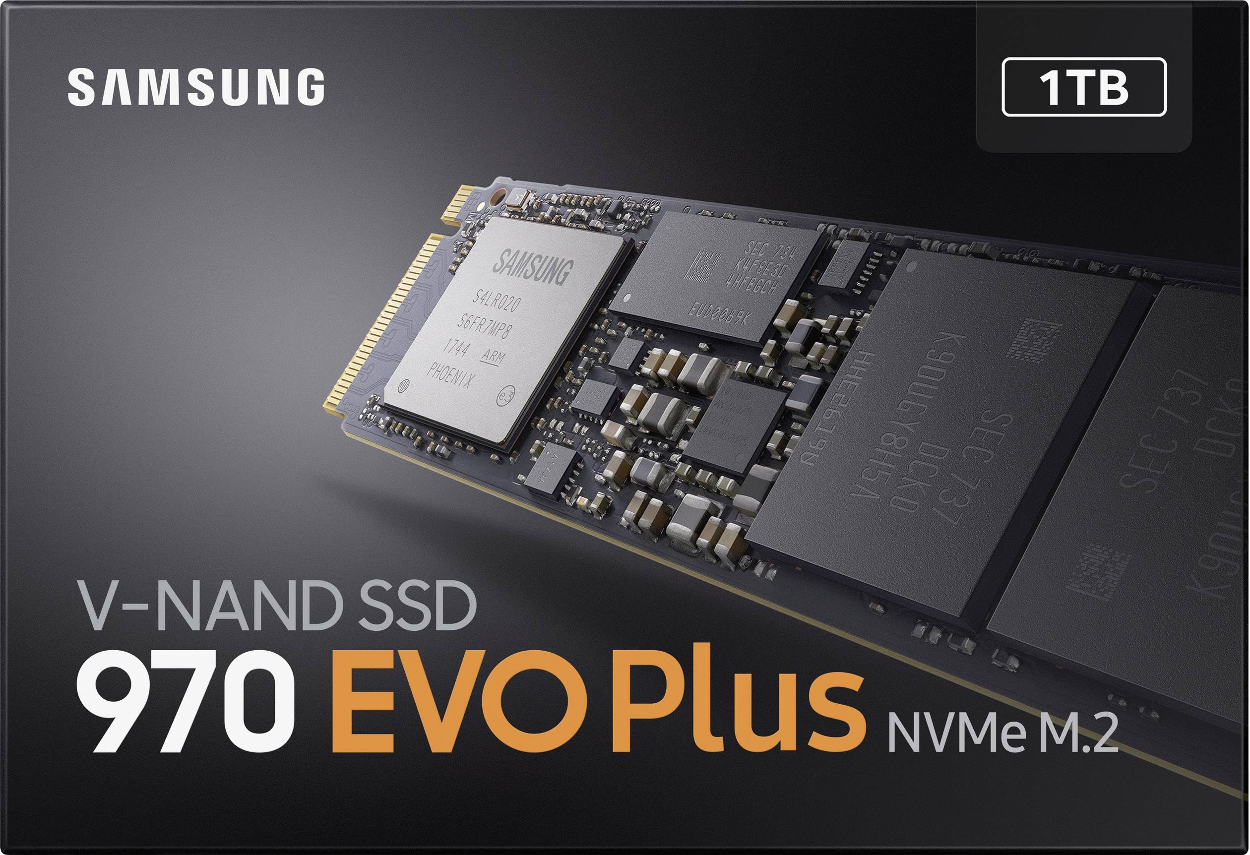 SAMSUNG V-NAND SSD 970 EVO Plus NVMe M.2, 1TB. Produktabbildung einer Computer-Speicherkarte mit Branding und Spezifikationen.