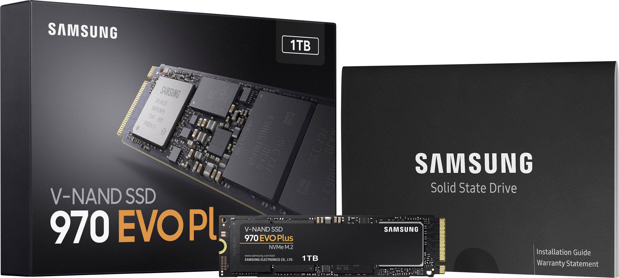 'Samsung 1TB 970 EVO Plus V-NAND SSD' Verpackung und Antriebsmodul. Enthält Installationshandbuch und Garantieerklärung.