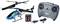 Ferngesteuerter Hubschrauber mit grünen und blauen Akzenten, neben einer schwarzen Fernbedienung, Batterien und einem USB-Ladekabel.