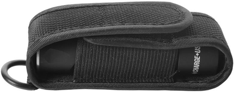 Eine kleine schwarze Taschenlampe in einem schwarzen Stoffetui mit Klettverschluss und einem Befestigungsring.