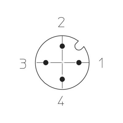 Illustration eines Rundsteckers mit vier nummerierten Kontaktpunkten. Eine Einkerbung am Rand zum Ausrichten.