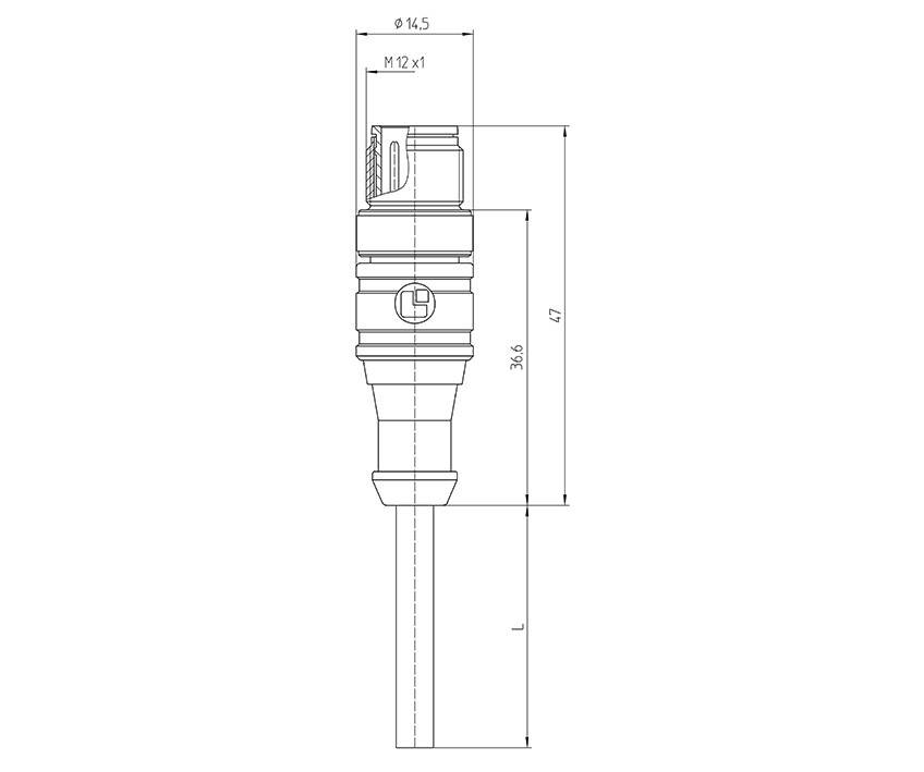 Technische Zeichnung eines zylindrischen Steckers mit M12 x 1 Gewinde, verschiedenen Längenangaben und Detailansichten des Profils.