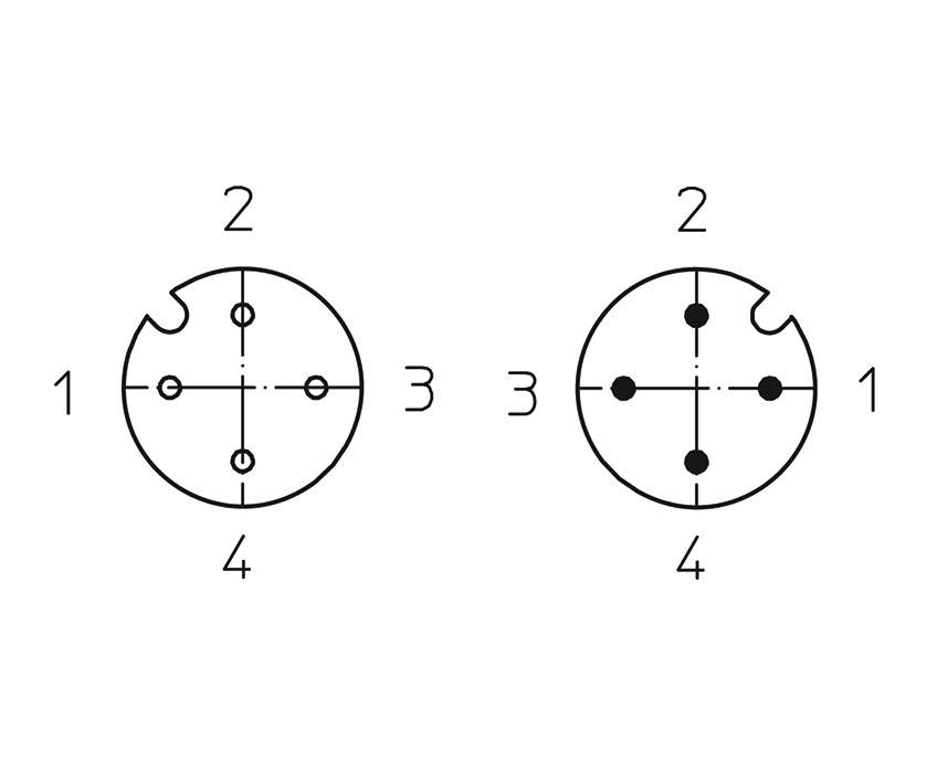 Zwei elektrische Steckverbinderskizzen mit vier nummerierten Pins, symmetrisch angeordnet. Links: Pins 1-4. Rechts: identische Anordnung.