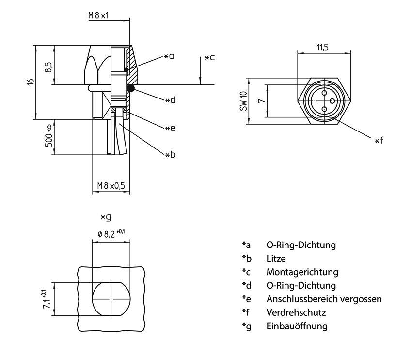 Technische Zeichnung eines Steckverbinders mit Maßen und Beschriftungen der Teile: O-Ring-Dichtungen, Litze, Montagerichtung.