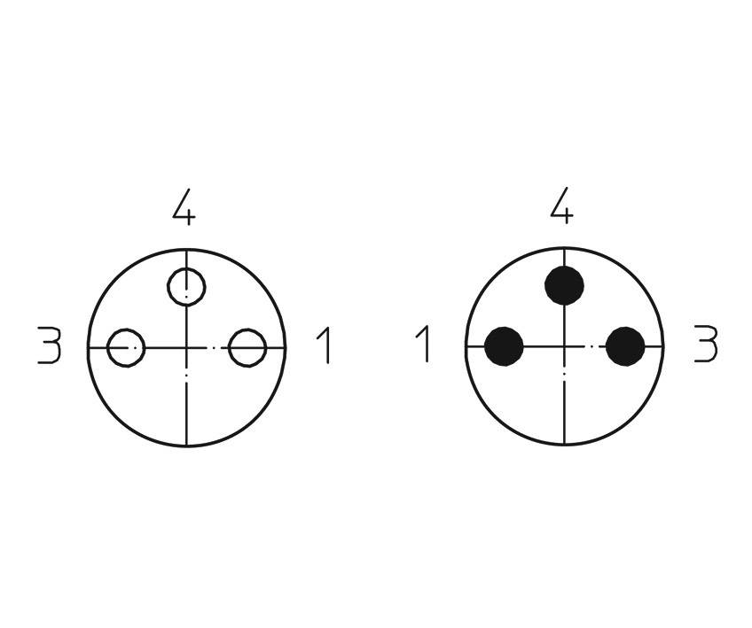 'ISO 2351-1' zeigt zwei Ansichten eines Steckverbinderlayouts mit fünf Pins, numeriert von 1 bis 4, in einem Kreis angeordnet.