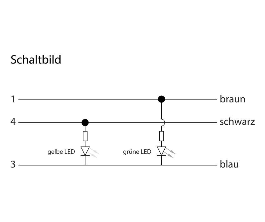 'Schaltbild' zeigt einen Schaltkreis mit zwei LEDs: gelbe LED und grüne LED zwischen den Drähten mit den Zahlen 1, 4 und 3, die mit braun, schwarz und blau markiert sind.