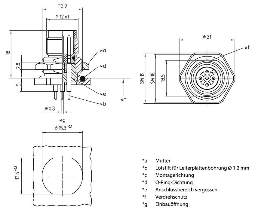 Technische Zeichnung eines elektrischen Steckverbinders mit Abmessungen und Beschriftungen. Enthält Seitenansicht und Draufsicht mit Detailangaben.