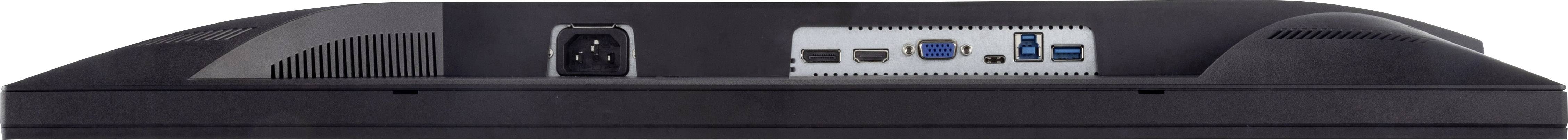 Rückseite eines Monitors mit mehreren Anschlüssen, darunter HDMI, Netzteil und USB-Ports.