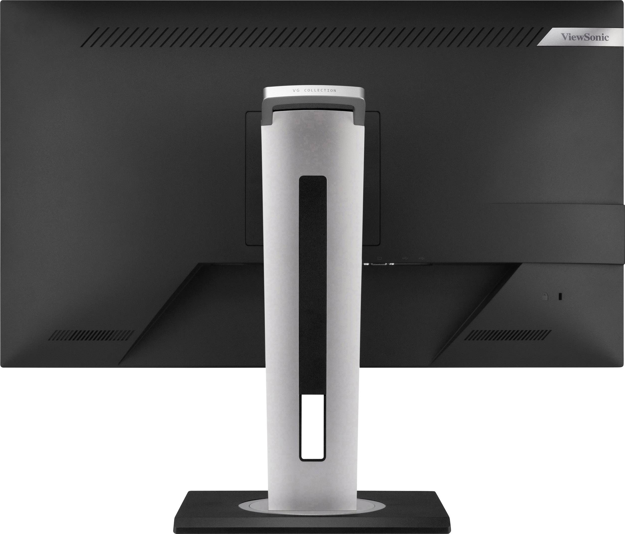 Ein Computermonitor von hinten gezeigt, mit einem verstellbaren silbernen Standfuß und schwarzem Bildschirmrahmen.