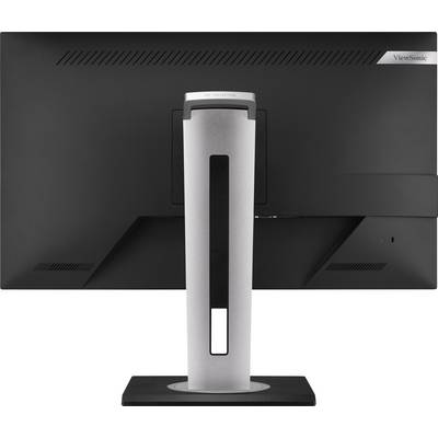 Ein Computermonitor von hinten gezeigt, mit einem verstellbaren silbernen Standfuß und schwarzem Bildschirmrahmen.