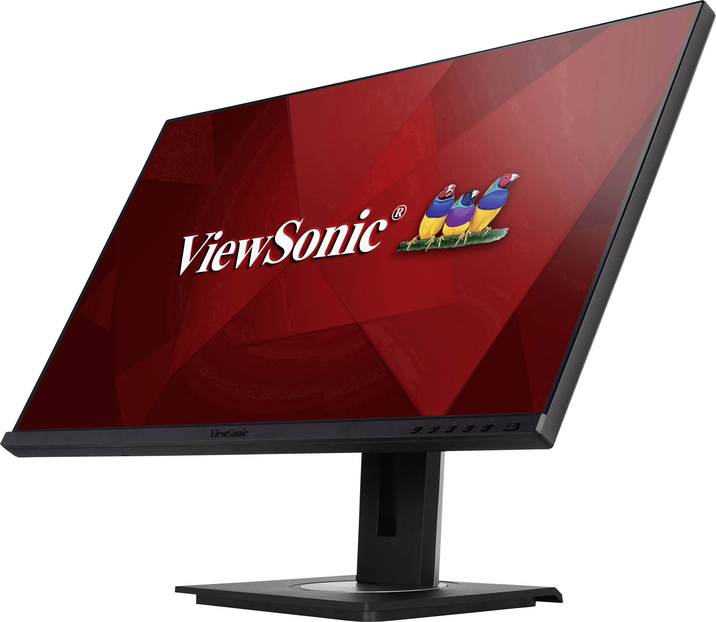 Ein schwarzer Monitor der Marke ViewSonic mit rotem Hintergrund und buntem Vogel-Logo, leicht von der Seite betrachtet.