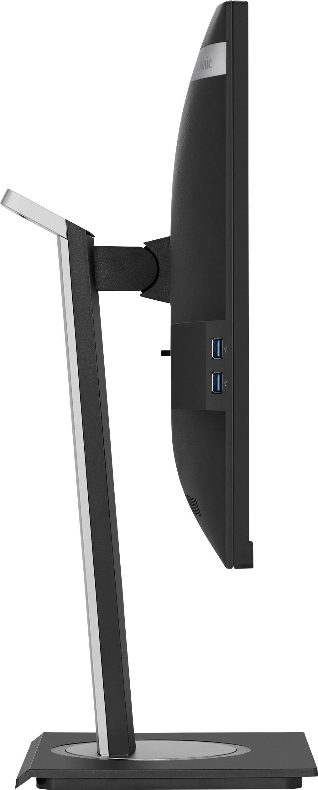Seitenansicht eines schlanken Computerbildschirms auf einem höhenverstellbaren Standfuß, zeigt USB-Anschlüsse an der Seite.