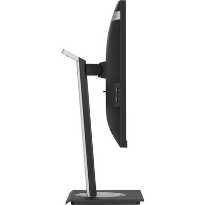 Seitenansicht eines schlanken Computerbildschirms auf einem höhenverstellbaren Standfuß, zeigt USB-Anschlüsse an der Seite.