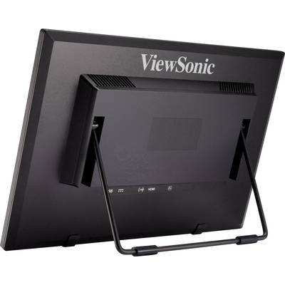 Rückansicht eines ViewSonic Monitors mit Standfuß, zeigt HDMI- und USB-Anschlüsse.