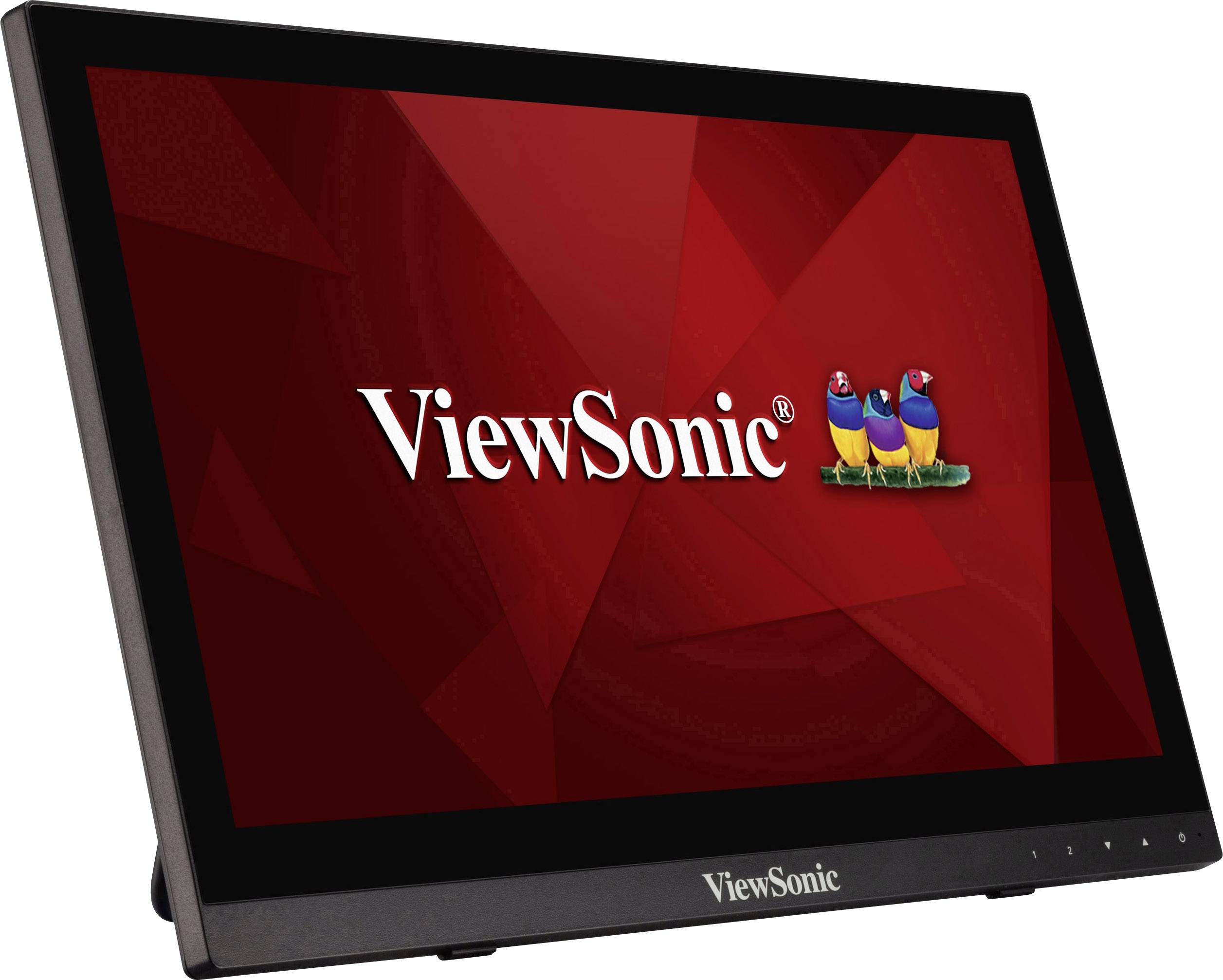 Ein Monitor von ViewSonic mit einem roten Bildschirmhintergrund und dem Firmenlogo in der Mitte.