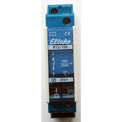 Ein blaues Eltako-Relais R12-100 für 16A, 250V, zeigt Symbole für Spannung, Strom und Leistung. Gehäuse beschriftet mit 'Eltako'.