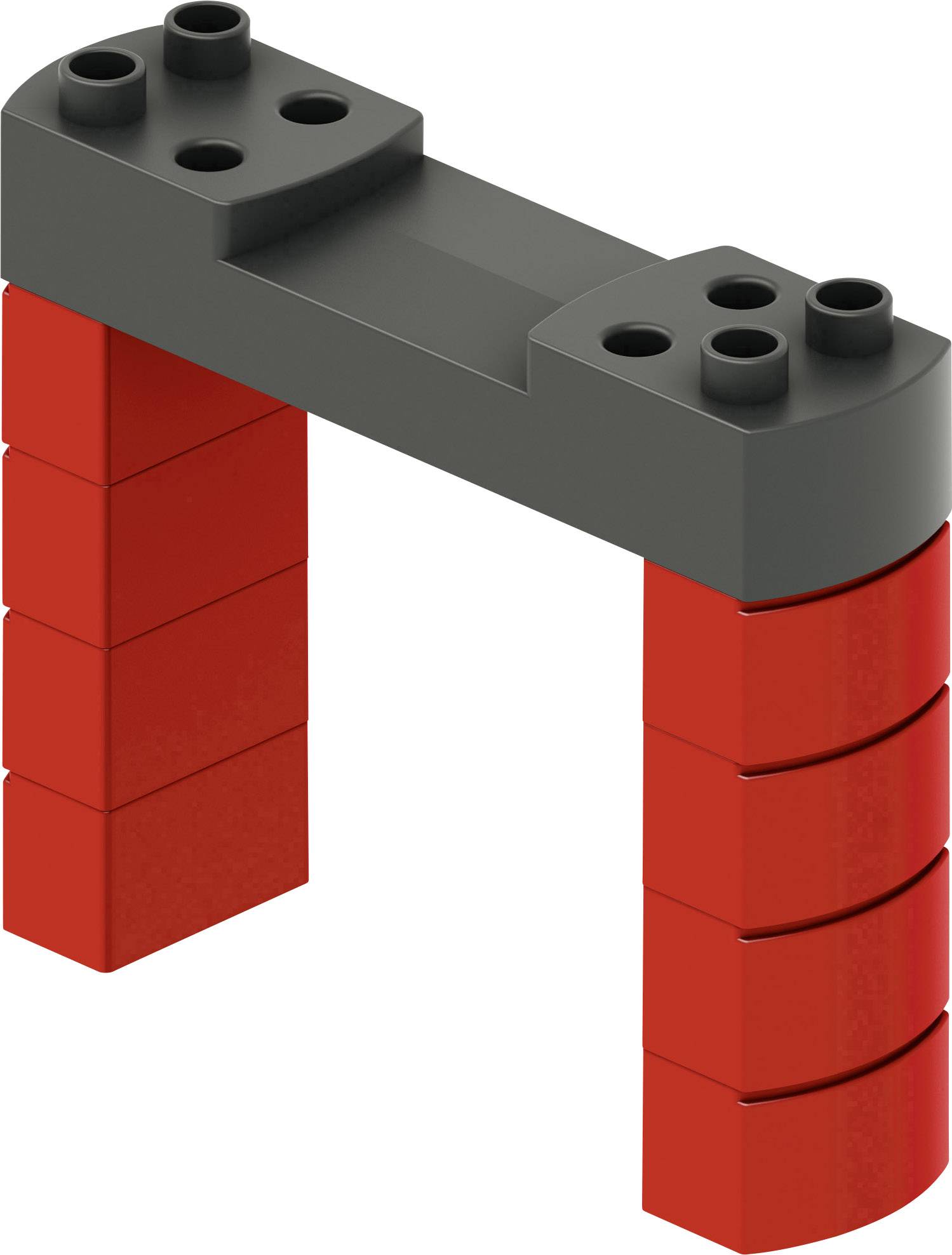 Roter und grauer Bausteinbogen, aus zwei roten Säulen und einem grauen Querbalken bestehend.