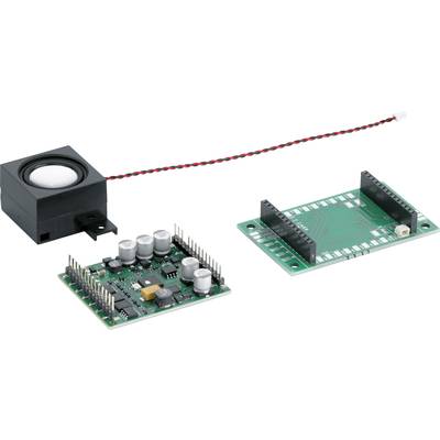 Drei elektronische Komponenten: ein schwarzer Lautsprecher, eine grüne Schaltungsplatine mit Kondensatoren und eine leere grüne Platine.