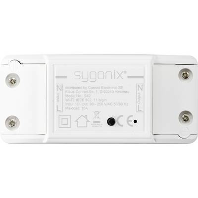 'Ein Sygonix-Gerät, Modell Nr. S42, unterstützt Wi-Fi IEEE 802.11b/g/n. Eingang/Ausgang: 90-250V AC, Maximalbelastung: 10A.'