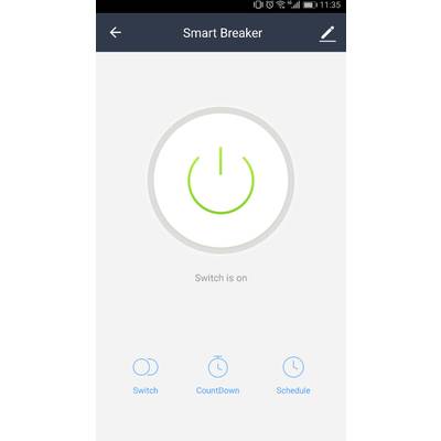 Anzeige einer App zur Steuerung eines smarten Schalters. Der Schalter ist gerade eingeschaltet. Unten: Optionen 'Switch', 'Countdown', 'Schedule'.