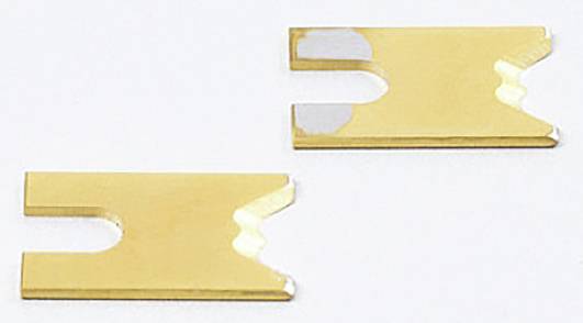 Zwei goldene Drahtseilverbinder auf weißem Hintergrund. Jede hat eine gezackte Kante zur Befestigung von Drähten.