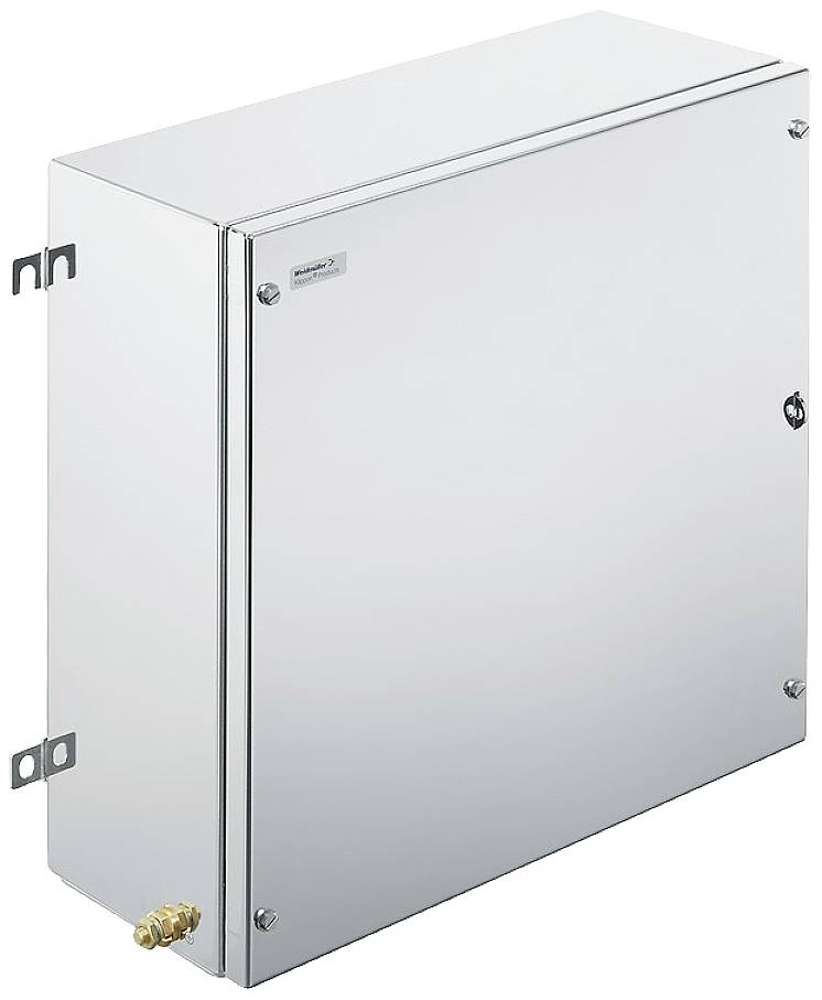 Metallischer Schaltschrank mit rechteckiger Form, Wandhalterungen an den Seiten, glänzende Oberfläche und gelbem Anschluss an der Unterseite.