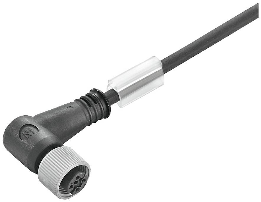 Ein schwarzes, abgewinkeltes Verbindungskabel mit grauer Schraubverbindung und durchsichtigem Schutzclip an der Oberseite.