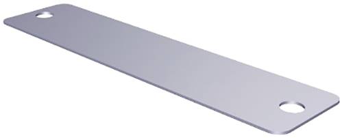 Metallische, rechteckige Platte mit abgerundeten Ecken und einem Loch an jedem Ende.