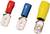 'Drei unterschiedlich farbige Flachstecker: rot, blau und gelb. Jeder Stecker hat einen isolierten Griff und eine flache Metallklemme.'