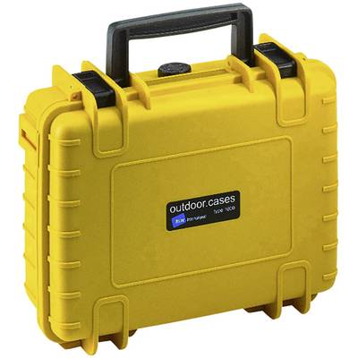 Gelber Outdoor-Koffer mit stabilem Griff und Verschlüssen. Aufkleber auf der Front mit der Aufschrift 'outdoor.cases - type 1000'.