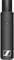 Ein schwarzer, kabelloser Mikrofonadapter mit zylindrischer Form und einem Knopf in der Mitte. Unten befindet sich ein Logo.