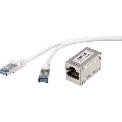 'Zwei CAT.6A-Netzwerkkabel mit einem Inline-Koppler verbunden, der eine sichere Datenübertragung ermöglicht.'